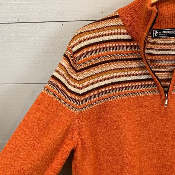 100% baby Alpaca orange Henley zip long sleeved orange fall sweater - Picture 5 of 9